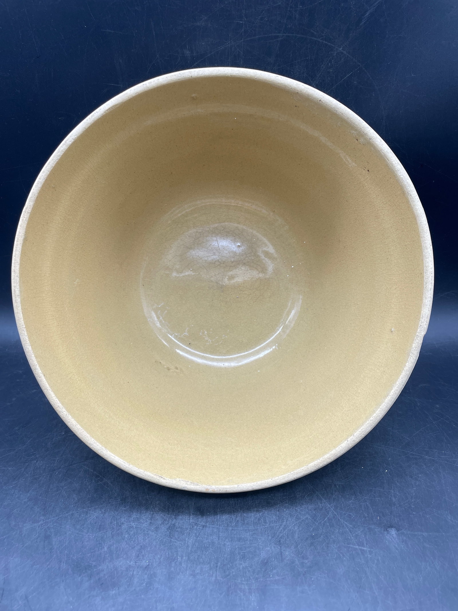 Antique Yellow Ware Blue & White Striped Banded 10 1/2" Stoneware Mixing Bowl - 5