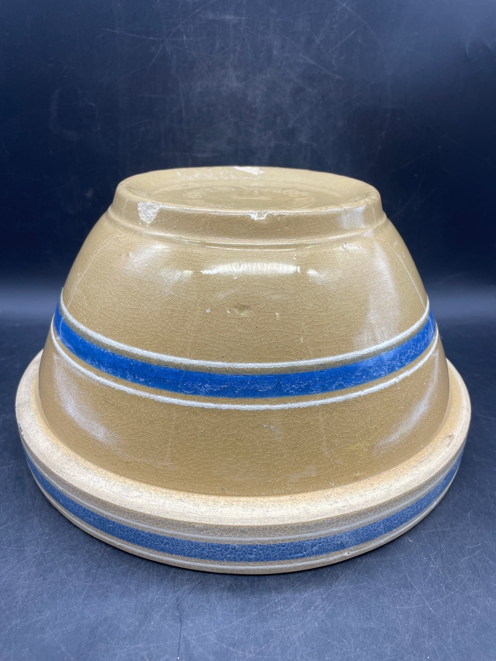 Antique Yellow Ware Blue & White Striped Banded 10 1/2" Stoneware Mixing Bowl - 6