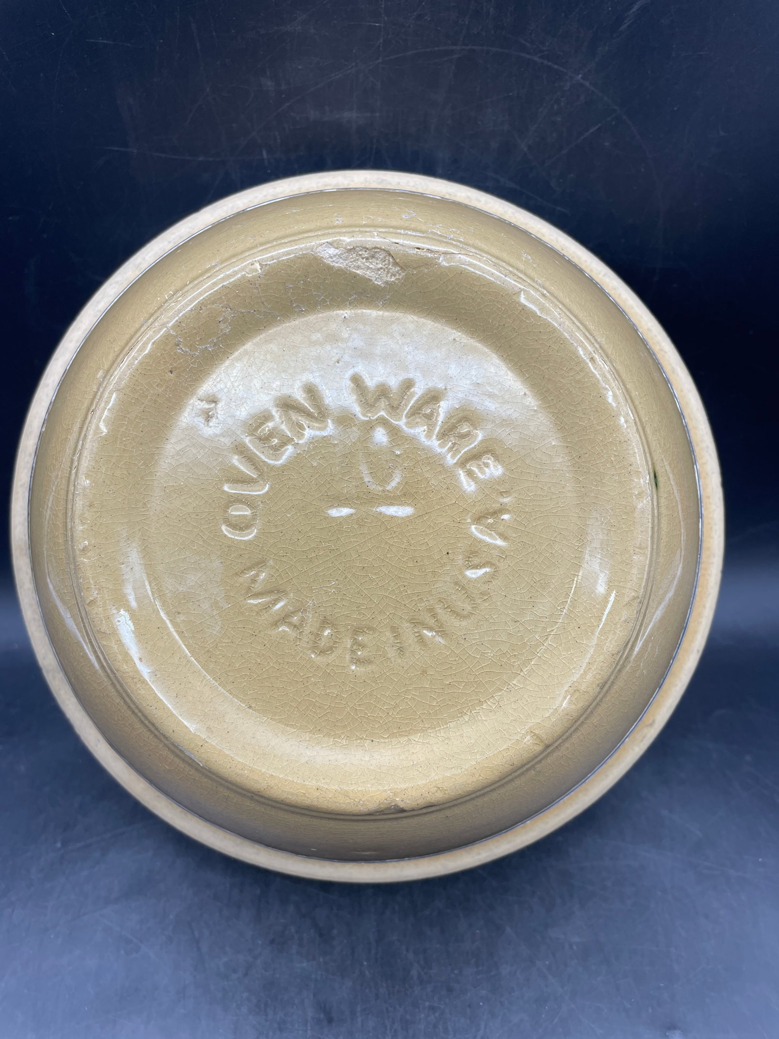 Antique Yellow Ware Blue & White Striped Banded 10 1/2" Stoneware Mixing Bowl - 7