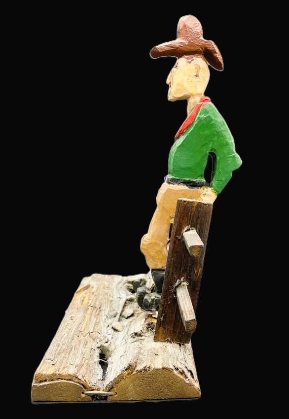 Primitive Folk Art Wooden Cowboy On Fence Hand carved and Painted - 2