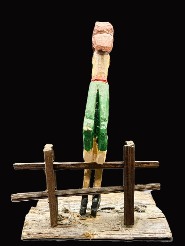 Primitive Folk Art Wooden Cowboy On Fence Hand carved and Painted - 3