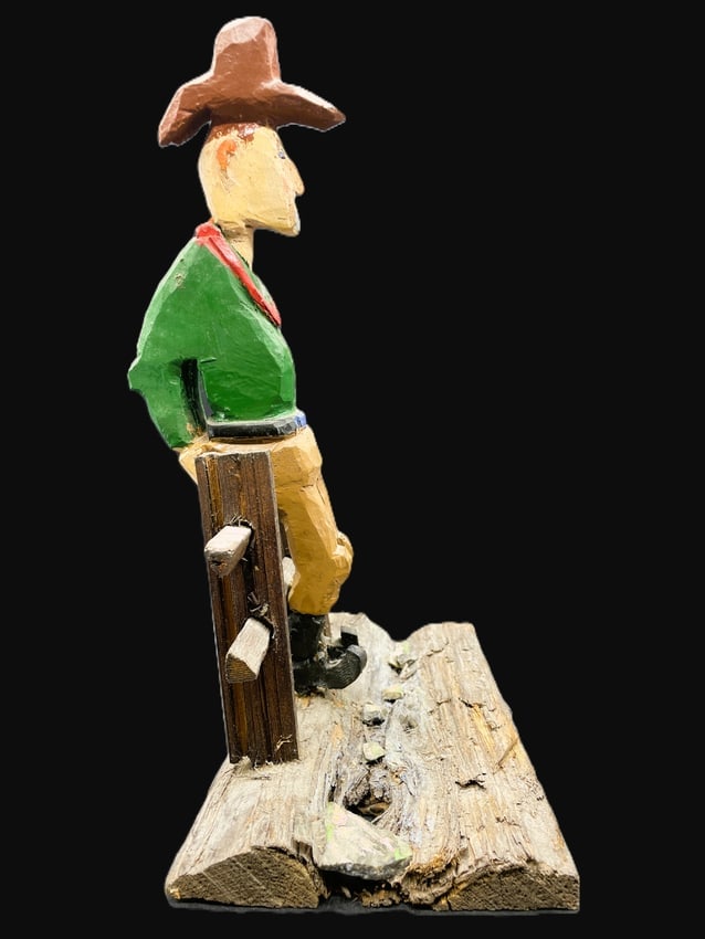 Primitive Folk Art Wooden Cowboy On Fence Hand carved and Painted - 4