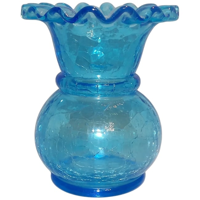 Hand-Blown Blue Crackle Glass Vase Ruffled Top (1 of 8)
