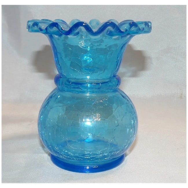 Hand-Blown Blue Crackle Glass Vase Ruffled Top - 2