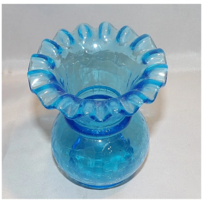 Hand-Blown Blue Crackle Glass Vase Ruffled Top - 3