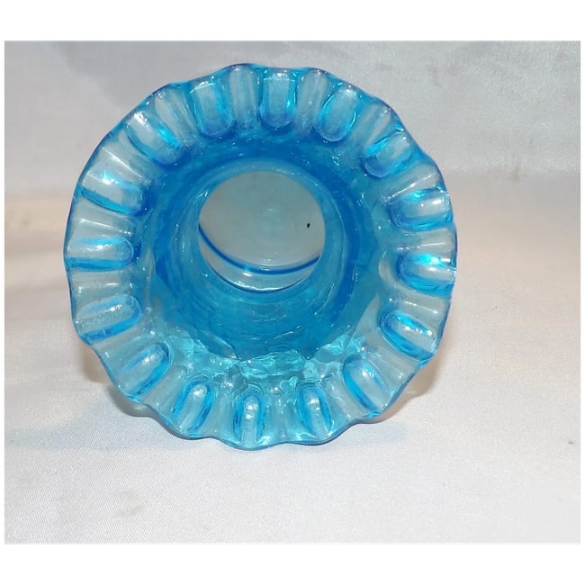 Hand-Blown Blue Crackle Glass Vase Ruffled Top - 4
