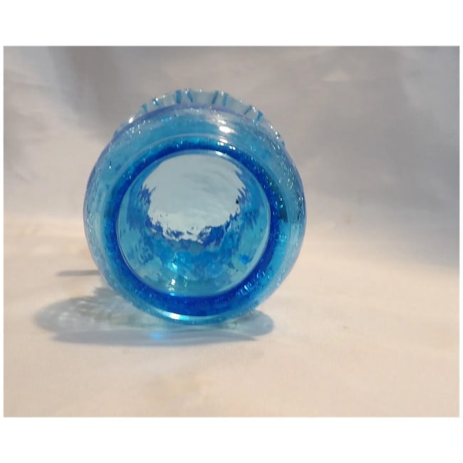 Hand-Blown Blue Crackle Glass Vase Ruffled Top - 5