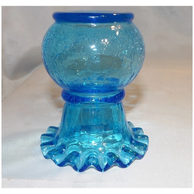 Hand-Blown Blue Crackle Glass Vase Ruffled Top - 6