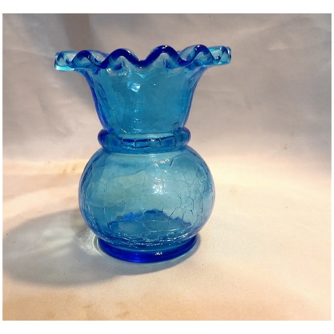 Hand-Blown Blue Crackle Glass Vase Ruffled Top - 7