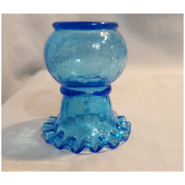 Hand-Blown Blue Crackle Glass Vase Ruffled Top - 8
