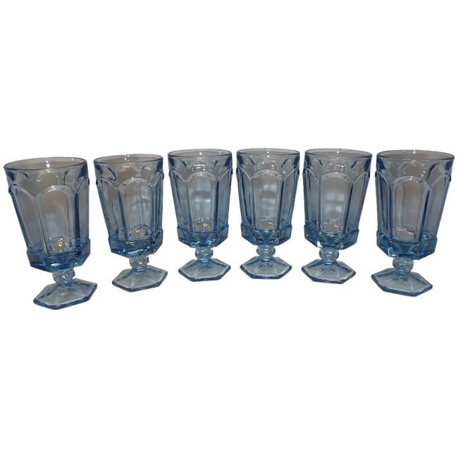 Fostoria Virginia Blue Iced Tea Glasses: This set of 6 Fostoria Virginia Blue Iced Tea Glasses are in excellent condition. NO chips, stains or imperfections (one does have a small scratch on it.) This is a discontinued pattern but one of