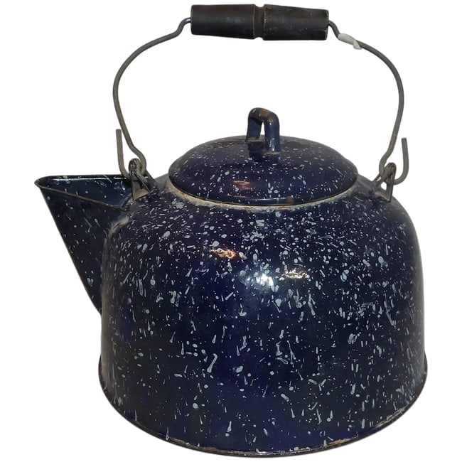 Blue Granite Enamelware Coffee Pot: This Blue Granite Enamelware Coffee Pot is in excellent condition. No dents or loss of enamel on the bottom part and very minor loss on the lid (see photos). It measures 9 1/4" in diameter at the