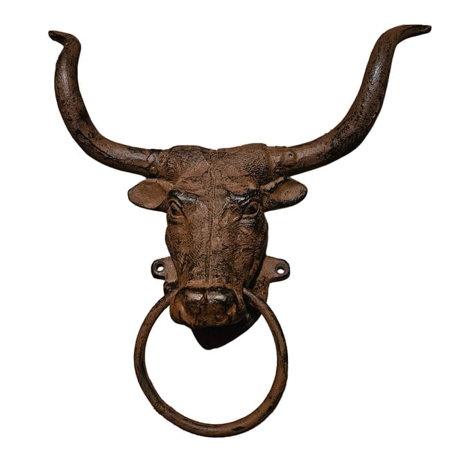 Cast Iron Longhorn Bull with Hitch Ring Door Knocker Wall Decor (1 of 4)