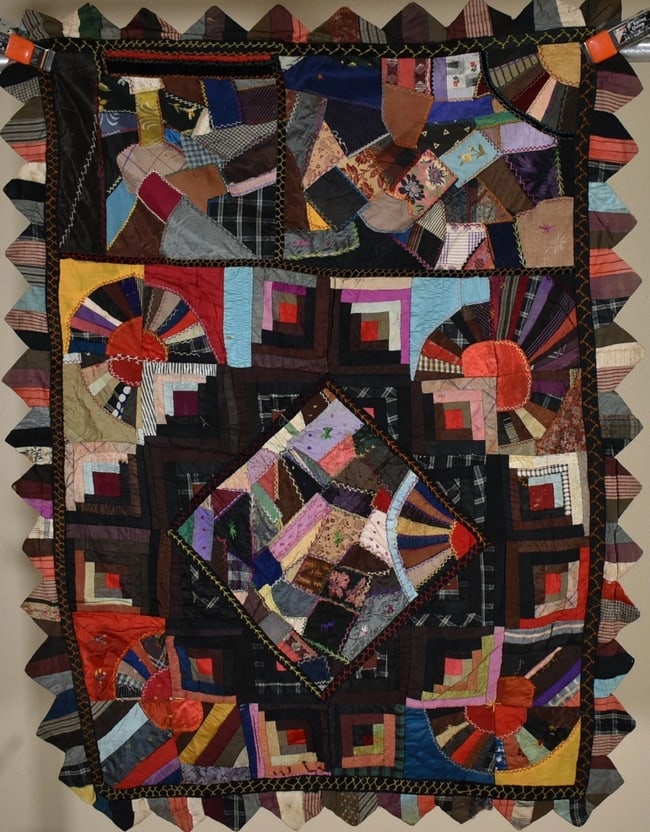 Rare 1880's Victorial Silk Log Cabin Crazy Quilt (1 of 11)