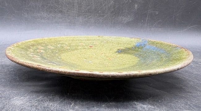 Signed Studio Pottery Shallow Bowl Plate Green Blue Glaze Ami Mami Amir 7in - 3