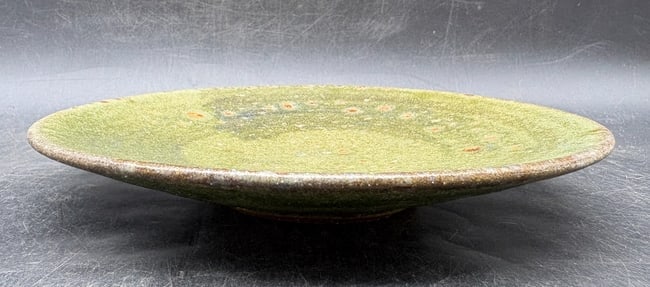 Signed Studio Pottery Shallow Bowl Plate Green Blue Glaze Ami Mami Amir 7in - 4