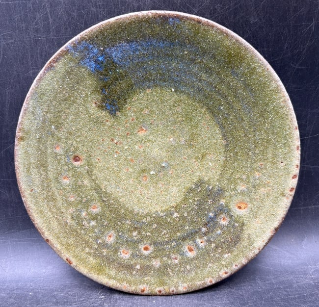 Signed Studio Pottery Shallow Bowl Plate Green Blue Glaze Ami Mami Amir 7in - 6
