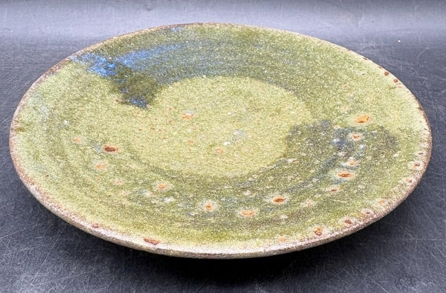 Signed Studio Pottery Shallow Bowl Plate Green Blue Glaze Ami Mami Amir 7in - 8