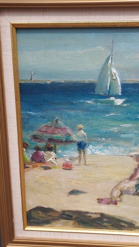 Gorgeous oil painting 1962 Sailboat Beach Artist Nathan Hoffman(1900-1979) - 3