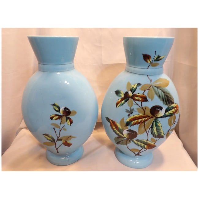 Pair of Bristol Hand Blown Blue Glass Vases with Hand Painted Design - 3