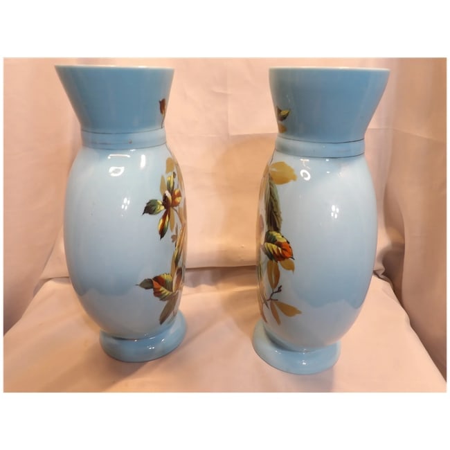 Pair of Bristol Hand Blown Blue Glass Vases with Hand Painted Design - 4