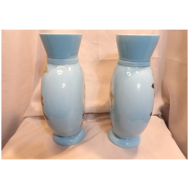 Pair of Bristol Hand Blown Blue Glass Vases with Hand Painted Design - 5