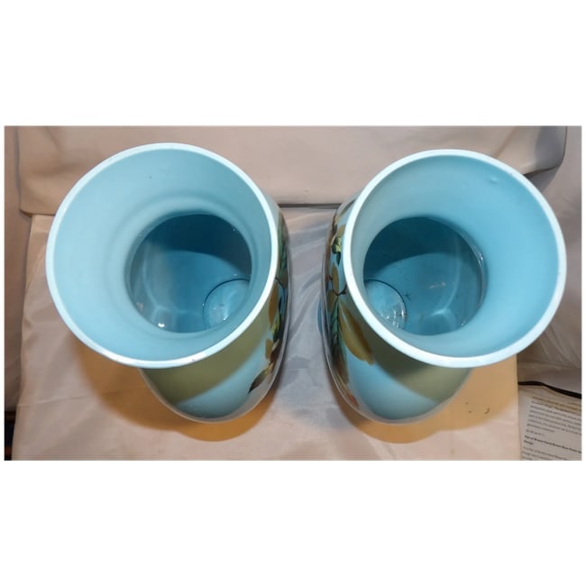 Pair of Bristol Hand Blown Blue Glass Vases with Hand Painted Design - 6