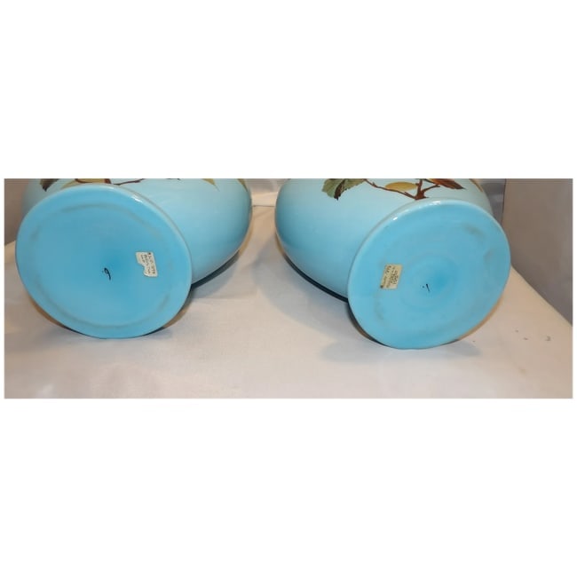Pair of Bristol Hand Blown Blue Glass Vases with Hand Painted Design - 8