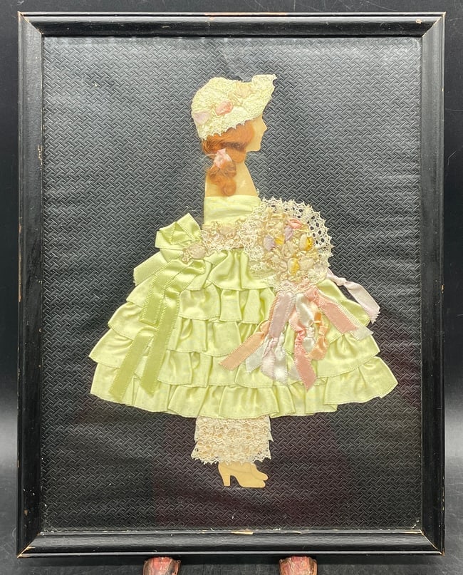 1920'S RIBBON ART PAPER DOLL VICTORIAN GIRL DRESSED BOUQUET FRAMED (1 of 8)