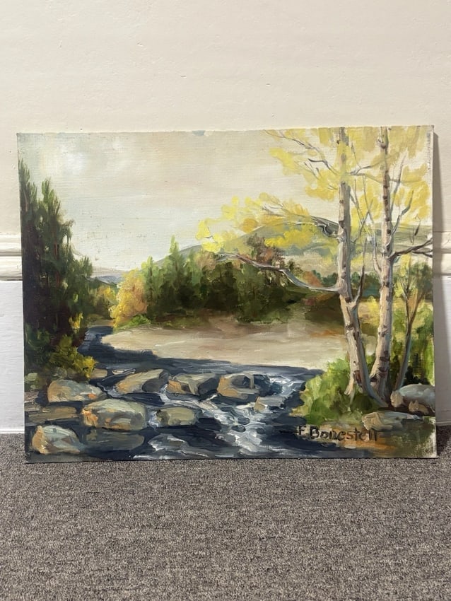 E Bonestell Oil On Board Landscape Painting: For sale is a oil on board landscape painting by e bonestell. It measures 20" x 16" and is in good condition Shipping: Domestic: Flat-rate of $25.00 to anywhere within the contiguous U.S. Internationa