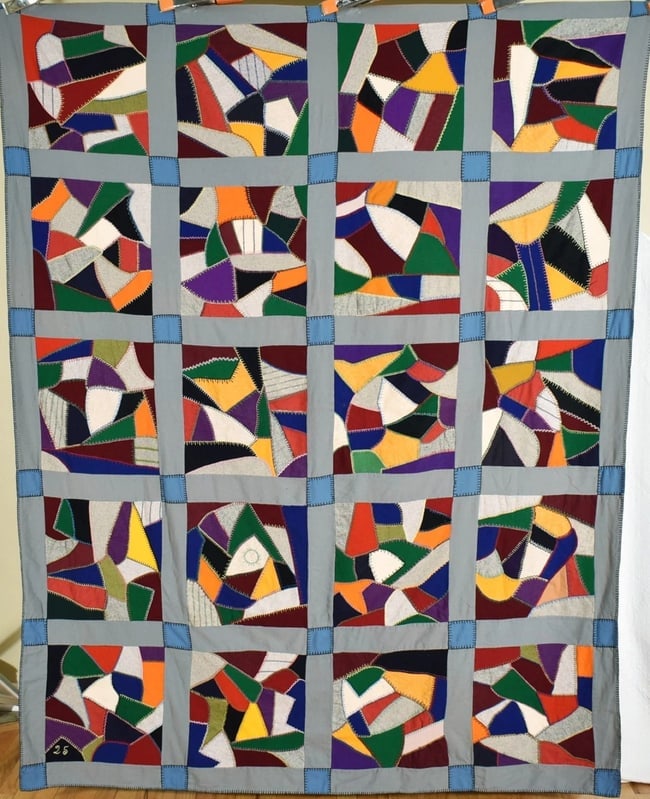 1920's Wool Crazy Quilt: This GORGEOUS cotton and wool crazy tied quilt is all hand pieced, with hand embroidered accents around the piecework. It measures 70" X 84" and is in very good condition, with the occasional small, i