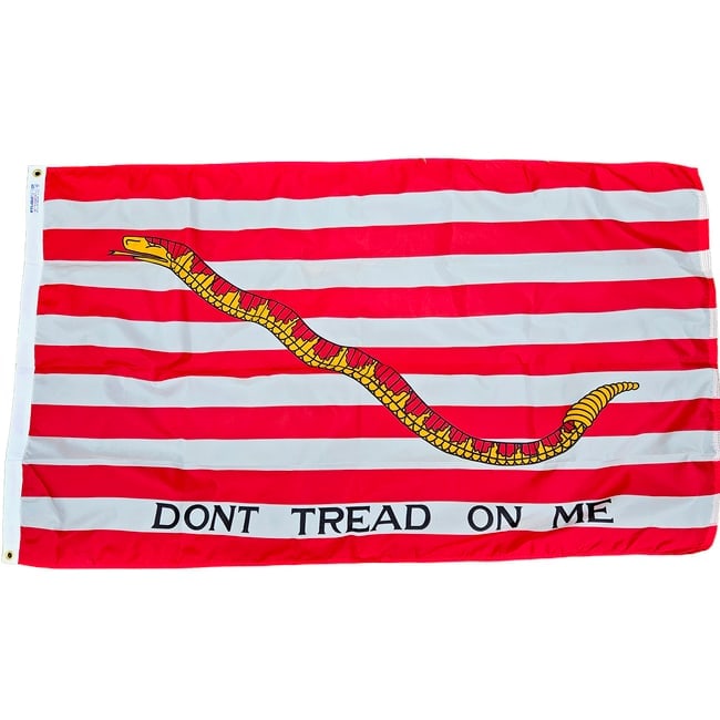 Historical First Navy Jack Flag "Don't Tread on Me".: Historical First Navy Jack Flag "Don't Tread on Me". Nyl-Glo by Annin Made in USA 3x5' 13 alternating red and white horizontal stripes with a rattlesnake emblem Durable nylon suitable for outdoor
