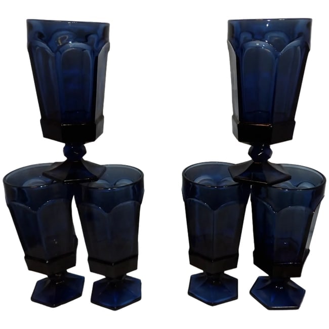 Fostoria Virginia Dark Blue Ice Tea Glasses-: This group Fostoria Virginia Dark Blue Ice Tea Glasses are in excellent condition. NO chips, flea bites or stains. They measure 6 7/8" tall, 3 1/2" at rim, and have a 3" base. They are thick and