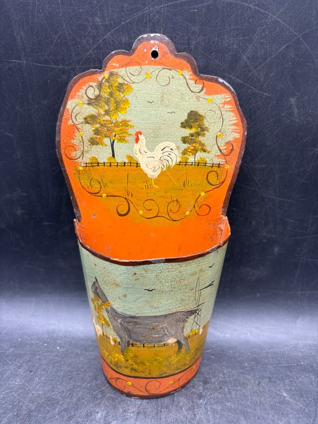 Signed Elliott Hand Painted Folk Art Tin Wall Pocket with Horse & Rooster - 2