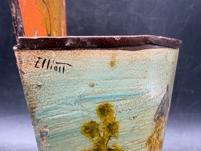 Signed Elliott Hand Painted Folk Art Tin Wall Pocket with Horse & Rooster - 3