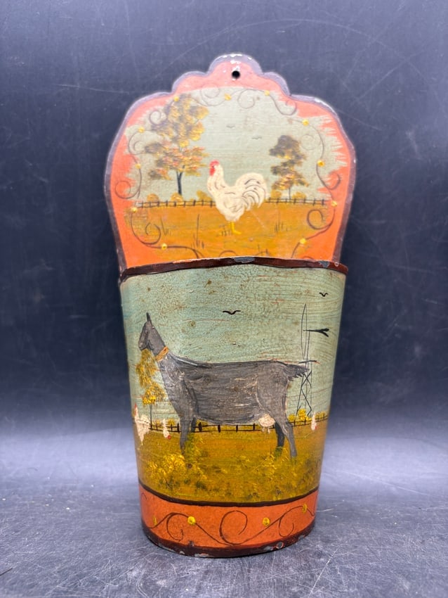 Signed Elliott Hand Painted Folk Art Tin Wall Pocket with Horse & Rooster - 8