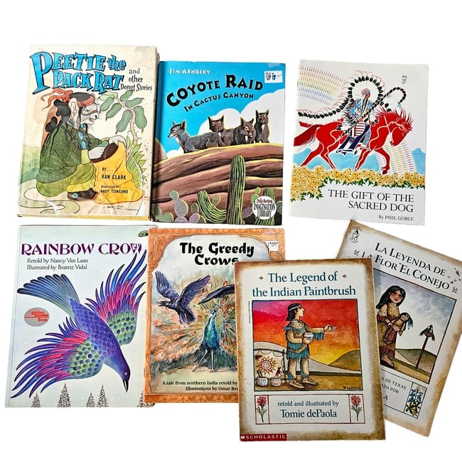 Southwestern Native American Children's Books: Peetie the Pack Rat and Other Desert Stories by Van Clark Coyote Raid in Cactus Canyon by Jim Arnosky The Gift of the Sacred Dog by Paul Goble Rainbow Crow retold by Nancy Van Laan The Greedy Crows: