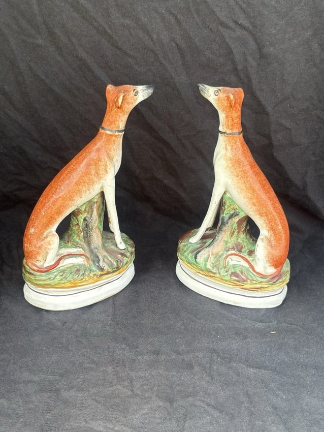 Pr Staffordshire Whippet Dogs: For sale is a pair of staffordshire whippet dogs that date around the 1880's. They measure 8 1/2" x 4 3/4" x 2 3/4". They are in good condition with no chips, cracks or repairs. Pairs of whippet dogs