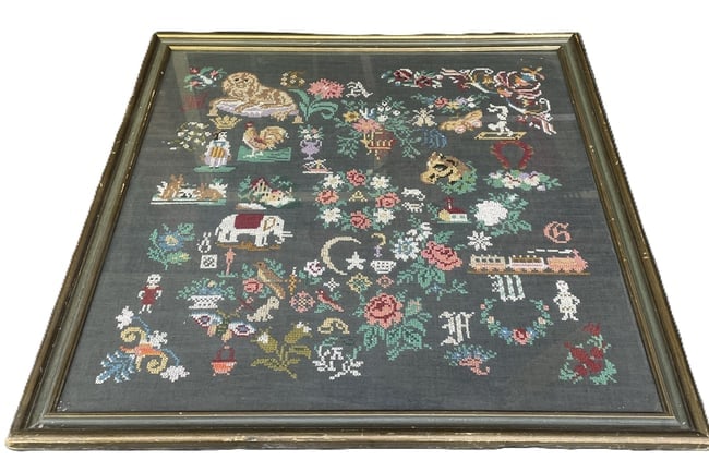 Beautiful LARGE Antique Framed Sampler 28 x 27.5 - 2