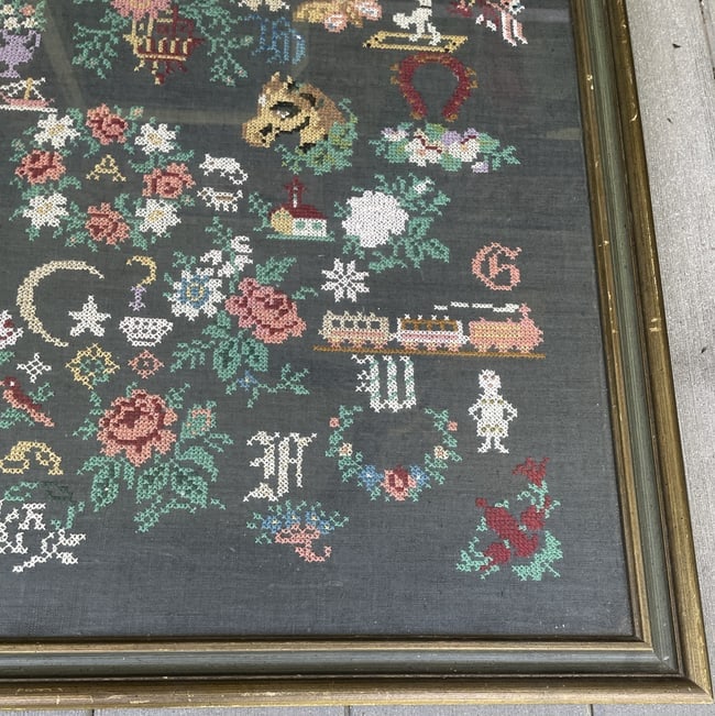 Beautiful LARGE Antique Framed Sampler 28 x 27.5 - 4