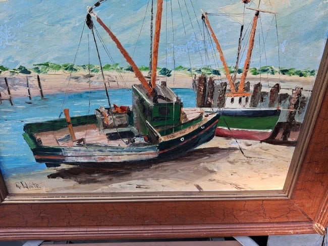 oil painting Ships At Harbor Ruth Waite (1932-1992) Mass Rhode Island - 2