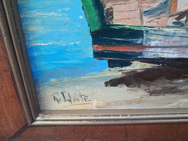oil painting Ships At Harbor Ruth Waite (1932-1992) Mass Rhode Island - 3