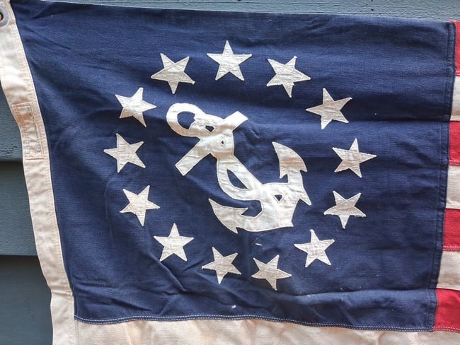 American Flag 13 Star Naval Anchor 1930 Annin Sewn 2 X 3 Feet: Zinc grommets and zig zag stitching leads me to believe from 1930's period. Very good condition. No holes or stains. Measures 27 x 39" . Shipping: Domestic: Flat-rate of $20.00 to anywhere within the