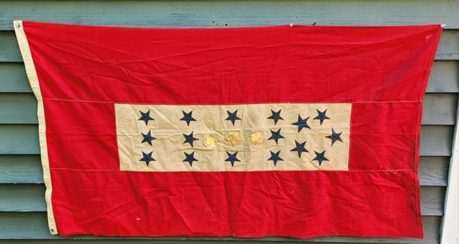 American son sons in service Flag 19 Star 3 gold WWII: Flag was most likely flew in a business or Church. Purchased in Connecticut. 3 Gold stars represents soldiers Killed in action and blue represents soldiers in Service. Measures approximately 32 x 60"