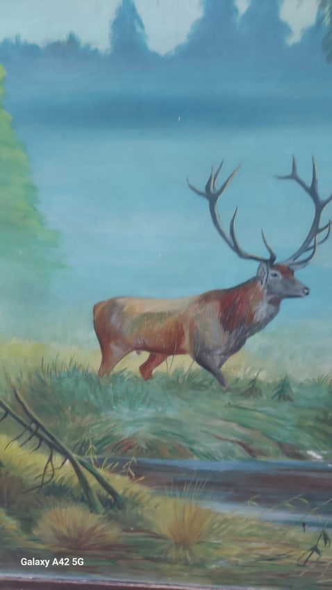 H. Stocks 19th Century Oil Painting Elk With Does: Great looking piece in excellent condition. Guessing from 1920. Measures 23 x 32" with frame. Flimsy frame. Shipping: Domestic: Flat-rate of $70.00 to anywhere within the contiguous U.S.
