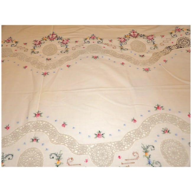 Vintage Cream Crocheted, Embroidery, Cross Stitch, Handmade Linen Table Cloth - 9