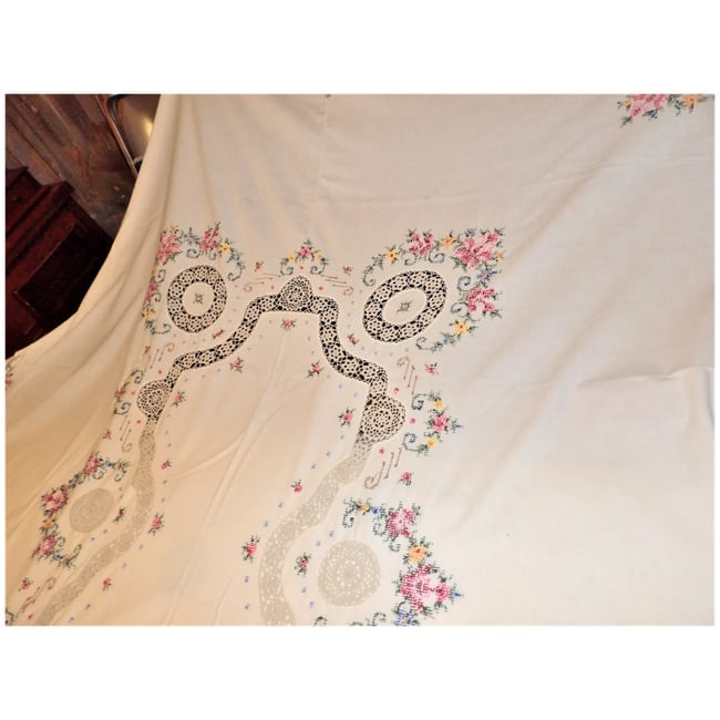 Vintage Cream Crocheted, Embroidery, Cross Stitch, Handmade Linen Table Cloth - 11