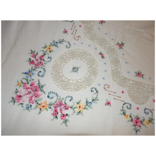 Vintage Cream Crocheted, Embroidery, Cross Stitch, Handmade Linen Table Cloth - 12