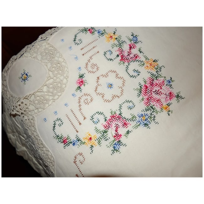 Vintage Cream Crocheted, Embroidery, Cross Stitch, Handmade Linen Table Cloth - 13