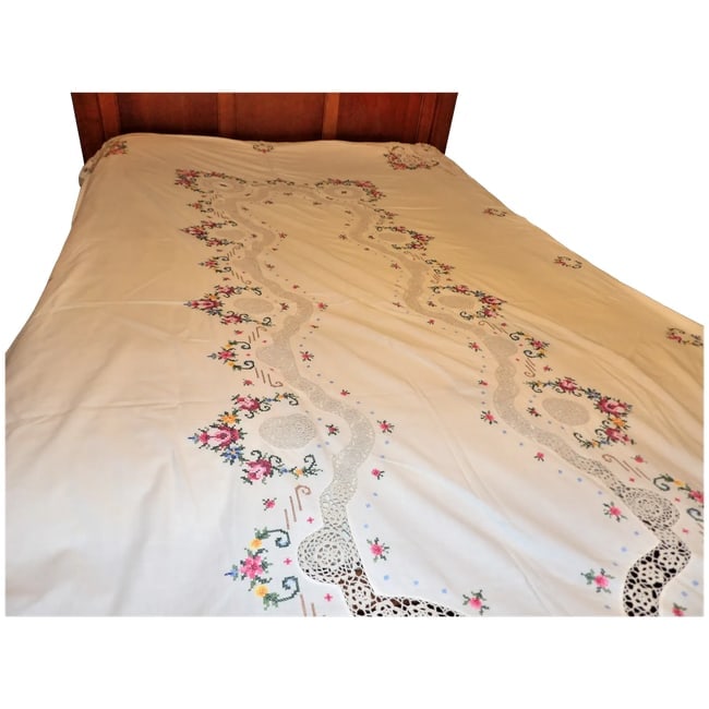 Vintage Cream Crocheted, Embroidery, Cross Stitch, Handmade Linen Table Cloth (1 of 14)